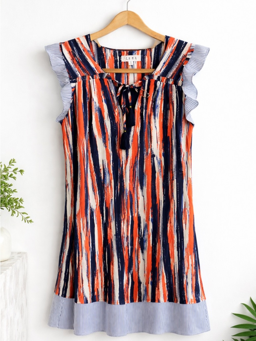 THML Striped Tassel Tie Dress with Seersucker Trim Sz M